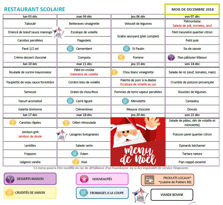 Menu de décembre 2018